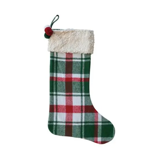 Hello Honey&reg; 20" Red, Green & White Plaid Brushed Cotton Flannel Stocking with Sherpa Cuff & Pom Poms {1}