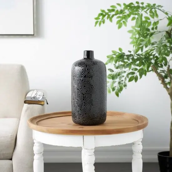 15" Black Geometric Etched Ceramic Vase {10}