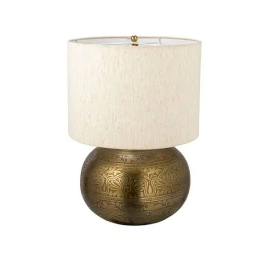 Hello Honey&reg; 20" Antique Brass Finish Round Etched Metal Table Lamp with Cotton Shade {1}