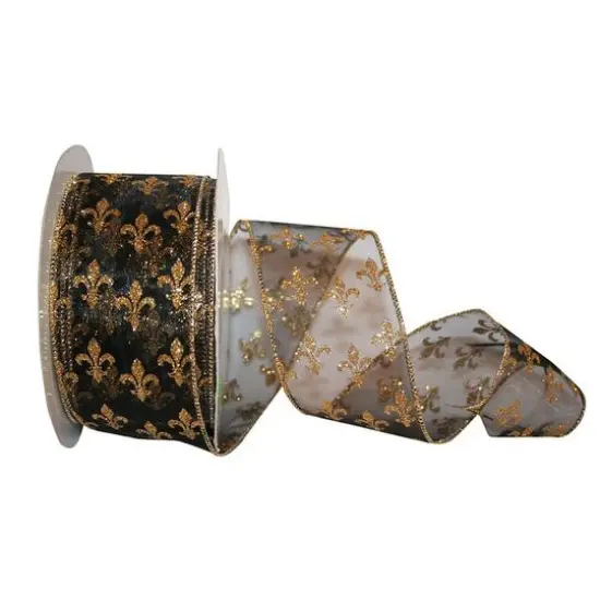 Reliant 2.5" x 25yd. Sheer Wired Black & Gold Fleur-De-Lis Ribbon {1}