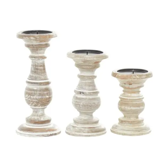 Mango Wood Traditional Candle Holder Set Cream {6}