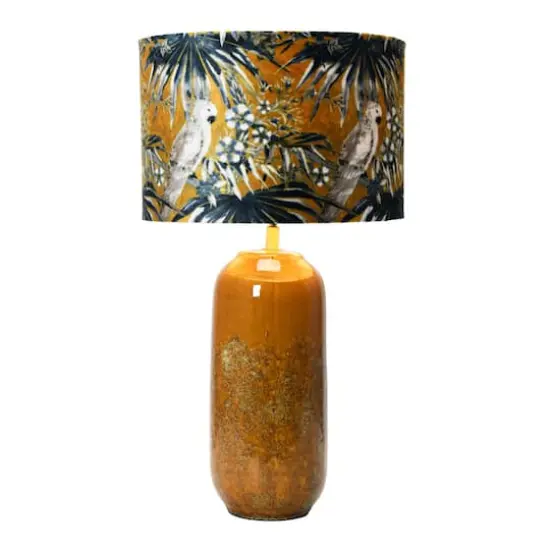 Hello Honey&reg; 21" Reactive Glaze Stoneware Table Lamp with Cockatoo Print Velvet Shade and Inline Switch {7}