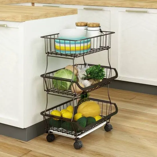NEX&trade; 24" Brown 3-Tier Multifunctional Fruit & Vegetable Rolling Shelf  {6}