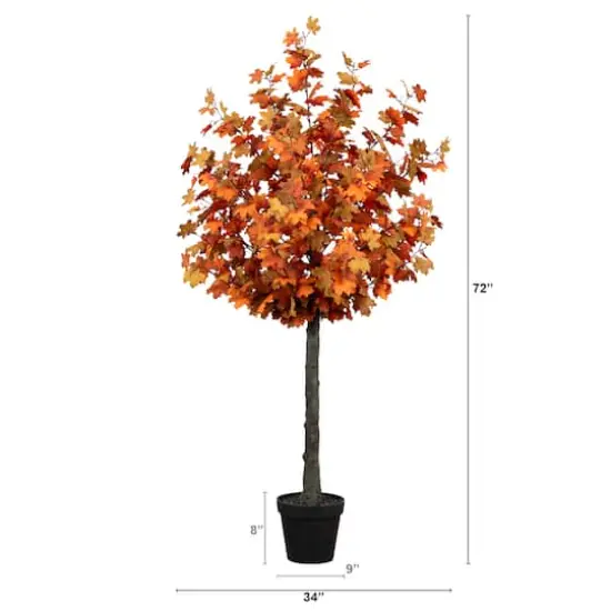 6ft. Deep Orange Autumn Lush Maple Artificial Potted Tree {5}