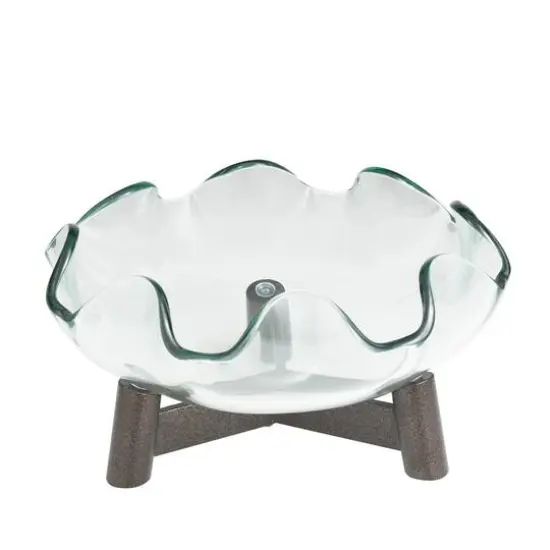 9" Clear Glass Floral Inspired Serving Bowl with Bronze Hammered Y-Shaped Stand {3}