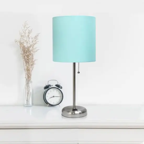 LimeLights 19.5" Stick Lamp with Charging Outlet and Fabric Shade Brushed Steel and Aqua {5}