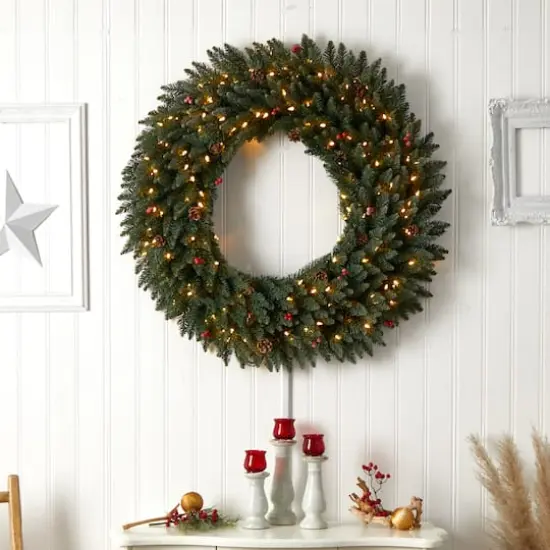 4ft. Clear LED Lights Flocked Artificial Christmas Wreath With Pinecones & Berries {7}