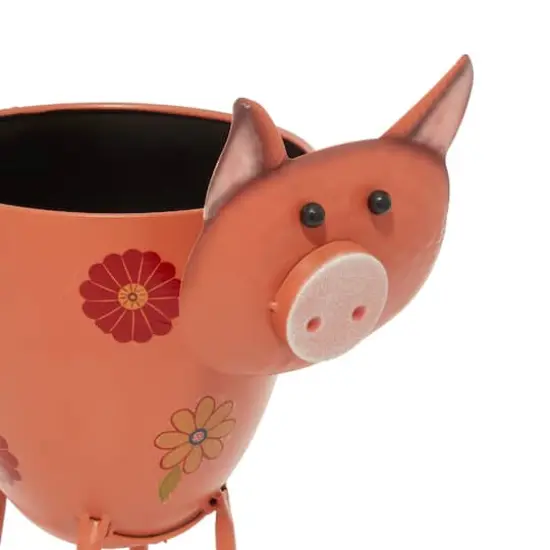 16" Pink Metal Eclectic Pig Planter {3}