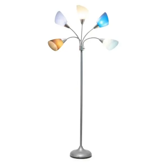 Simple Designs&trade; 5.6ft. 5-Light Gooseneck Silver Floor Lamp Silver White Gray and Blue Shades {3}