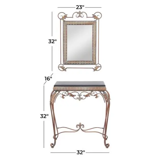 Set of 2" Bronze Metal Traditional Console Table with Mirror, 32" x 23" {8}