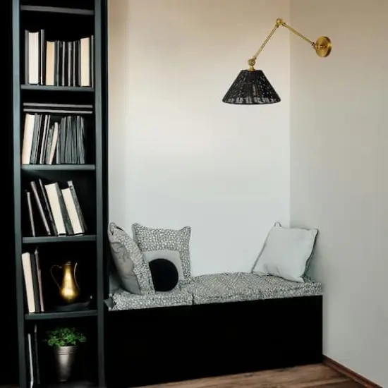 Hello Honey&reg; 28.9" Adjustable Antique Brass Finish Wall Sconce with Black Rattan Shade {4}