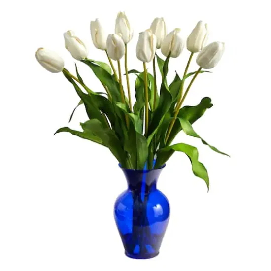 22" White Dutch Tulip Arrangement in Blue Vase {1}