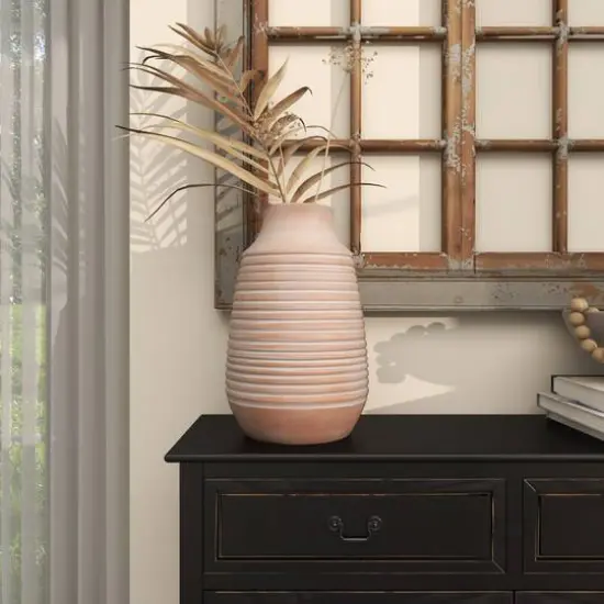 15" Pink Whitewashed Ribbed Terra Cotta Vase {12}