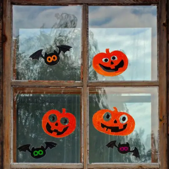 Glittered Jack-O-Lantern & Bats Halloween Gel Window Clings {3}