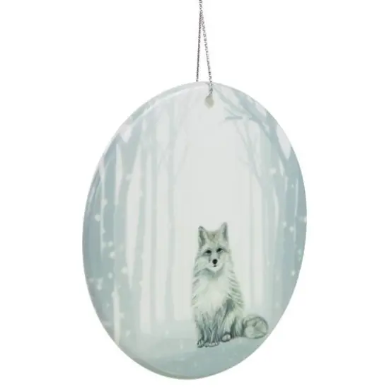 White & Silver Porcelain Arctic Fox Disc Ornament {11}