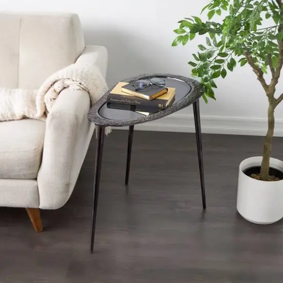 Black Aluminum Abstract Oval Shaped Accent Table with Shaded Glass Top {9}