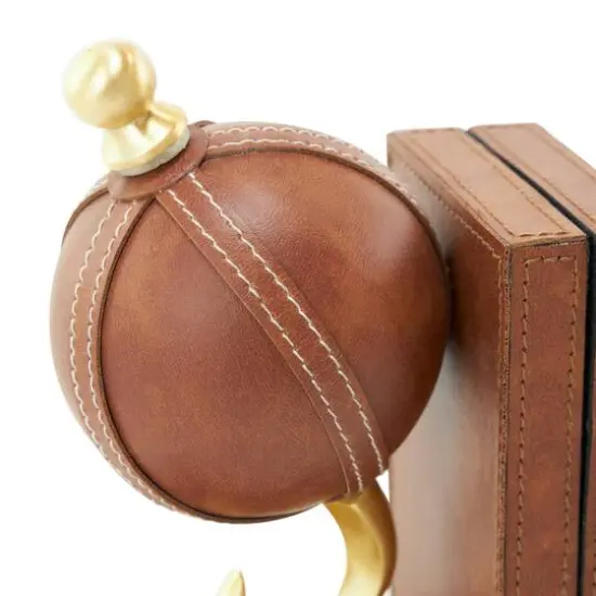 9" Brown Leather Globe Handmade Stitched Bookends Set {6}