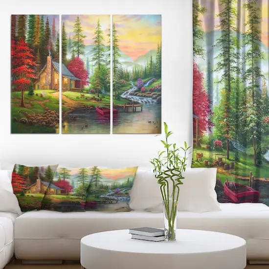 Designart - House in the forest - Landscapes Painting Print on Wrapped Canvas set {3}