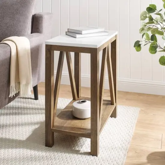Walker Edison Faux White Marble & Natural Walnut A-Frame Side Table {3}