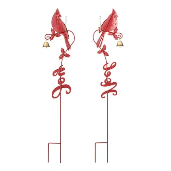 Glitzhome&reg; 3ft. Metal Cardinal Joy & Noel with Bell Yard Stake Set {8}