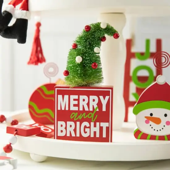 Glitzhome&reg; Christmas Wooden Word Signs & Fabric Santa Set {4}
