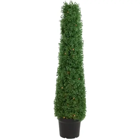 4ft. Pre-Lit Artificial Boxwood Cone Topiary Tree with Pot, Clear Lights {1}