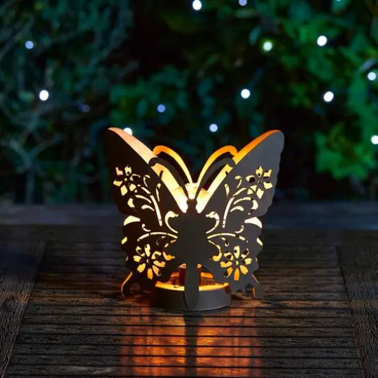 Glitzhome® 9" Metal Flying Butterfly Silhouette Solar Powdered Edison Bulb Outdoor Lanterns, 2ct. {4}