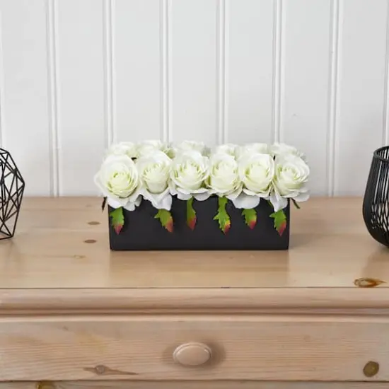 6" White Dozen Roses in Black Rectangular Ceramic Planter {7}