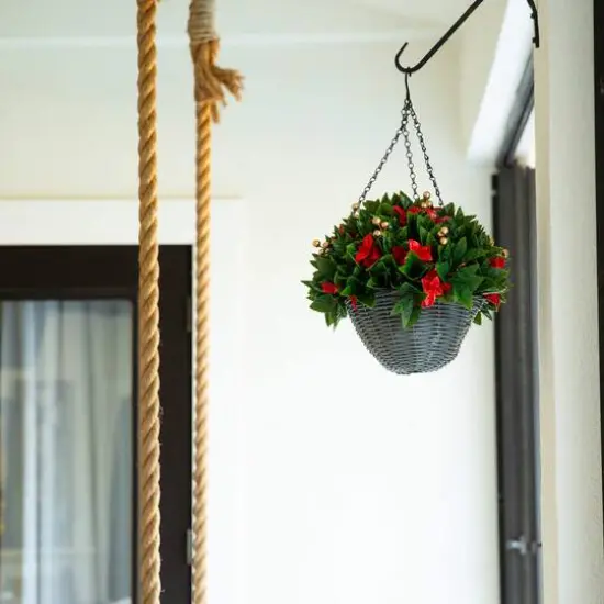 24in. Pre-Lit UV Resistant Artificial Red Tip Photinia & Gold Berries Christmas Hanging Basket with 34 Warm White LED Lights (Indoor/Outdoor) {10}