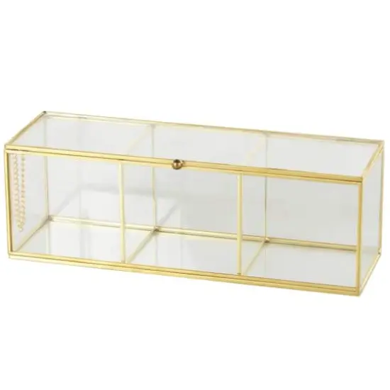 10" x 4" x 4" Clear & Gold 3-Slot Glass & Metal Slim Rectangular Jewelry Box with Chain Accent {1}
