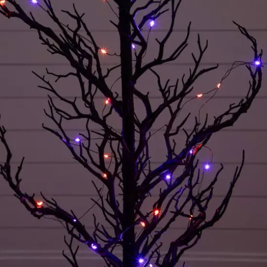 5ft. Pre-Lit Artificial Halloween Black Spooky Twig Tree with 200 Orange & Purple Copper Wire String LED Lights {6}