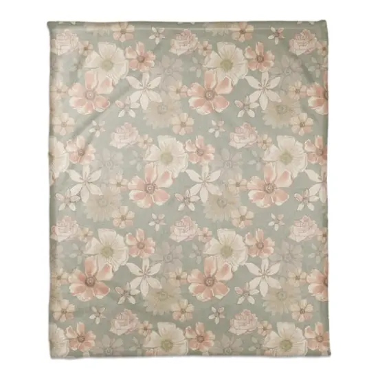 Watercolor Florals Coral Fleece Blanket Green {1}
