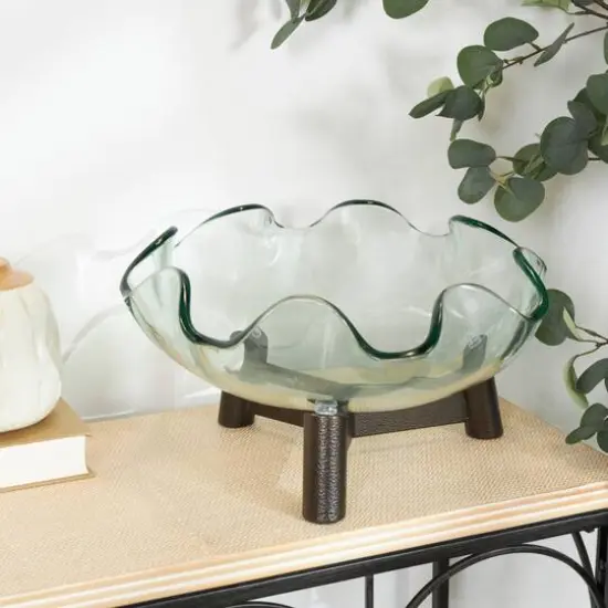 9" Clear Glass Floral Inspired Serving Bowl with Bronze Hammered Y-Shaped Stand {7}