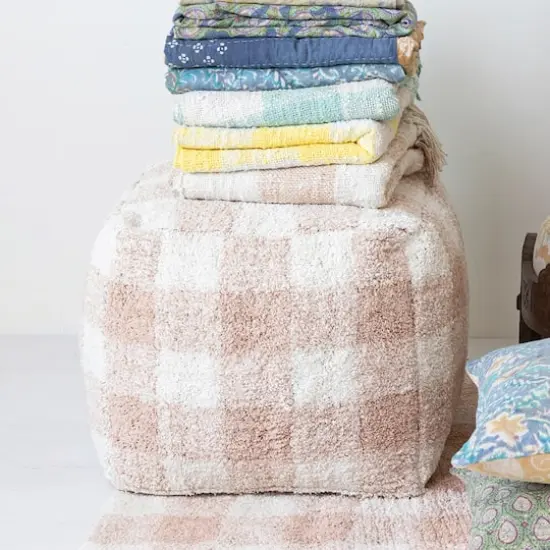 Hello Honey&reg; 18" Blush & Cream Plaid Cotton Tufted Pouf {4}