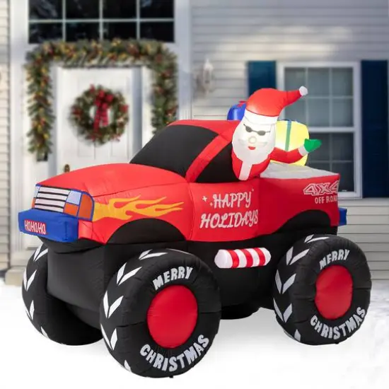 Glitzhome&reg; 7ft. LED Lighted Santa Claus Pickup Truck Inflatable D&eacute;cor {4}