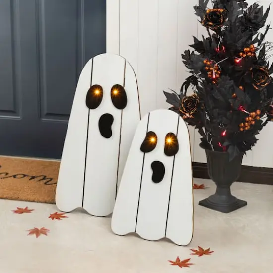Glitzhome&reg; 24"H Halloween Lighted Wooden White Ghost Porch Decor with Timer Set {3}