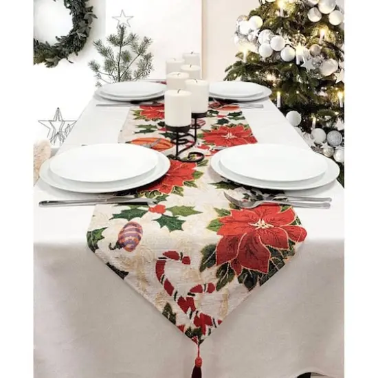 Wizardi 13.75" x 67" Festive Poinsettias Christmas Table Runner {3}