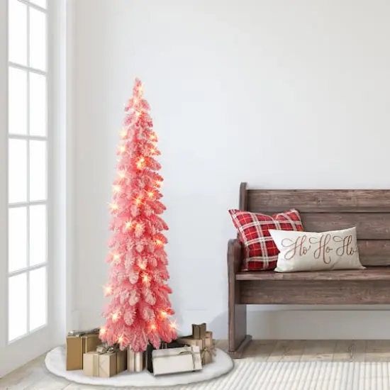 4ft. Pre-Lit Flocked Pink Alpine Artificial Christmas Tree, Clear Lights {4}