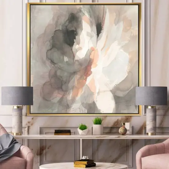 Designart - Abstract Peony Grey - Pink Modern Canvas in Gold Frame {3}