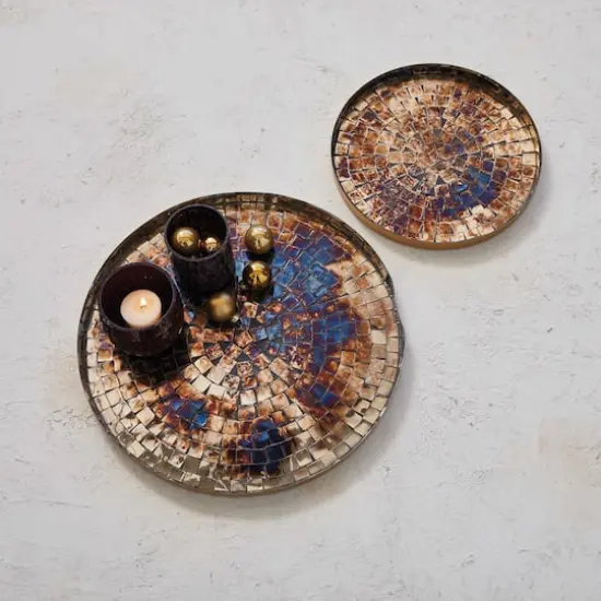 Hello Honey® Burnt Silver & Gold Decorative Metal & Glass Mosaic Tray Set {3}