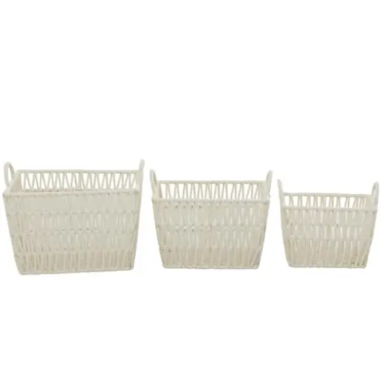 White Cotton Handmade Storage Basket with Handles Set of 3 12", 11", 10" {1}