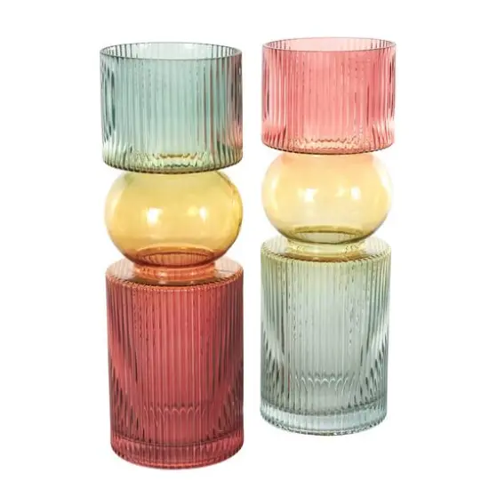 14" Multicolor Abstract Glass Ribbed Vase Set {9}