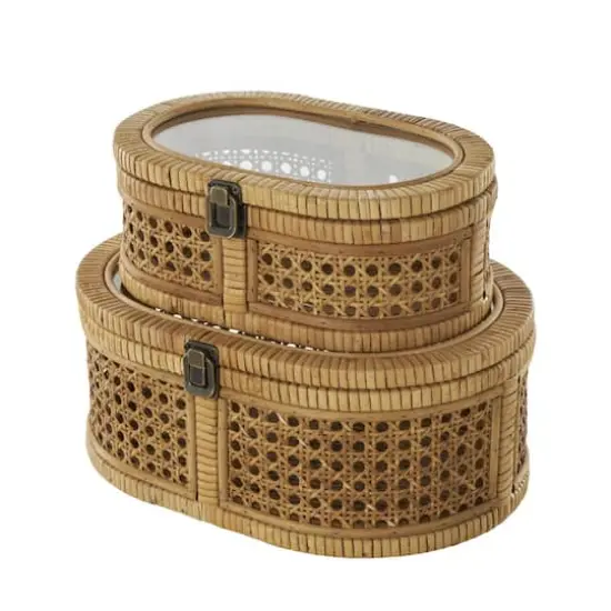 Brown Oval Rattan Storage Box Set with Pane Panels & Glass Tops {4}