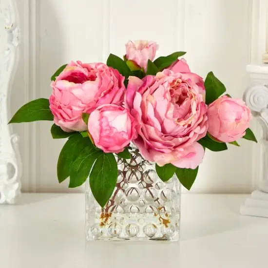 8.5" Pink Peony In Square Textured Glass Vase {5}