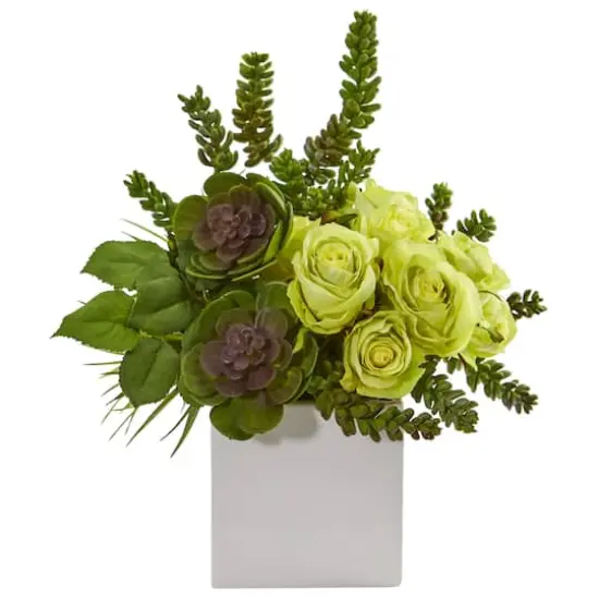 14" Rose & Succulent Artificial Arrangement in White Vase Green {1}