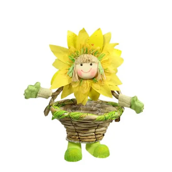 15'' Yellow Spring Sunflower Girl with Basket Decorative Figure {1}