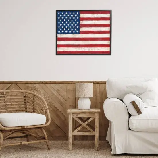 Stupell Industries Rustic American Flag Red White Blue Distressed Pattern Framed Giclee Art Black {3}