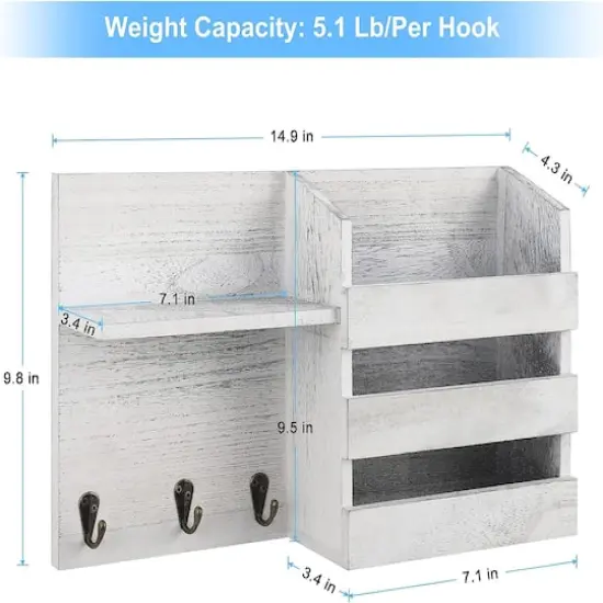 NEX&trade; Whitewash Vintage Wood Mail Shelf with 3 Key Hooks {3}