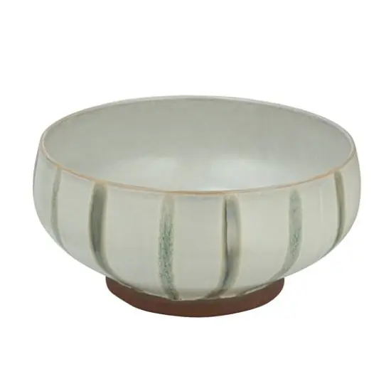 Hello Honey® 10" Cream & Green Reactive Glaze Stripes Hand-Painted Stoneware Bowl {1}