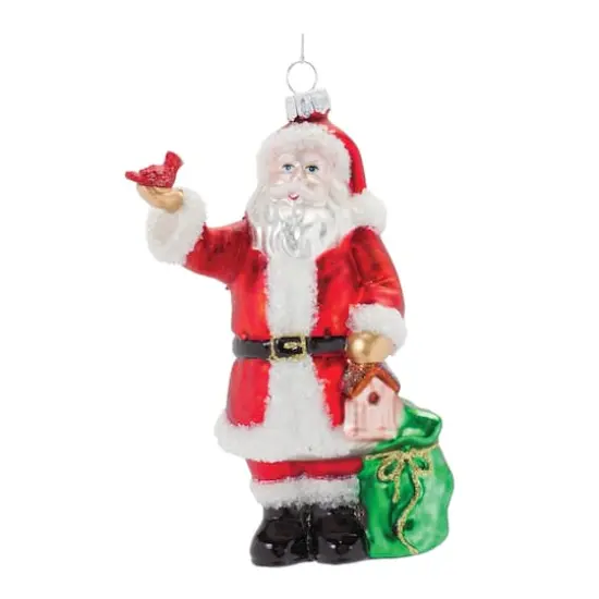 6ct. Red & White Glass Santa with Cardinal Bird Ornaments {1}